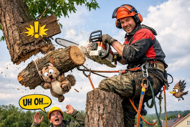 Przycięcie korony drzewa w podwórzu kamienicy