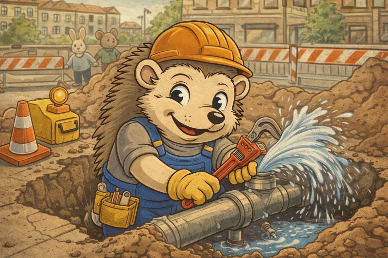 Jeż hydraulik naprawiający awarię wodociągową